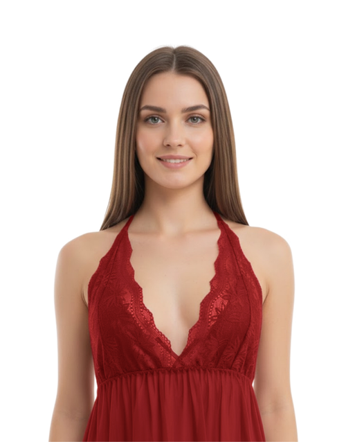 Losha 1 piece Midnight Lace Halter Nightdress-Maroon