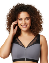 RIBBED FABRIC FRONT ZIPPER POST SURGICAL BRA WITH POCKETS-GREY
