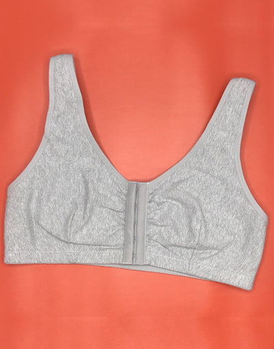 COTTON FRONT CLOSURE POST SURGICAL BRA WITH POCKETS-GREY