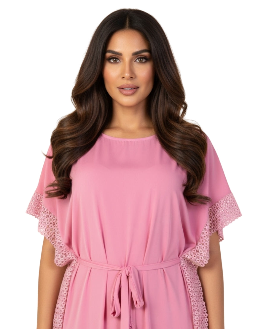 LOSHA 2 PIECE ROUND NECK SIDE LACE LONG NIGHTY -PINK