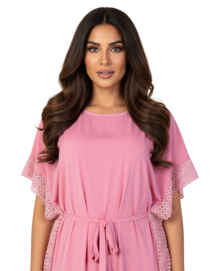 LOSHA 2 PIECE ROUND NECK SIDE LACE LONG NIGHTY -PINK