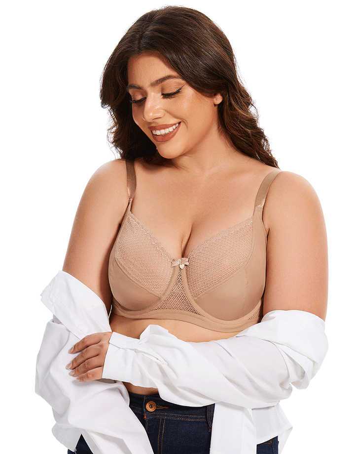 Losha Curvy Cut & Sew Lace Neckline Double Layered Wired Bra-SKIN