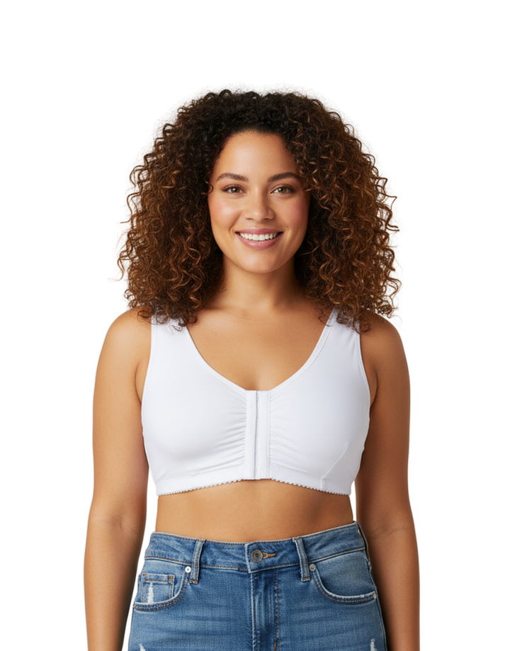 LOSHA COTTON FRONT CLOSURE POST SURGICAL BRA WITH POCKETS-WHITE