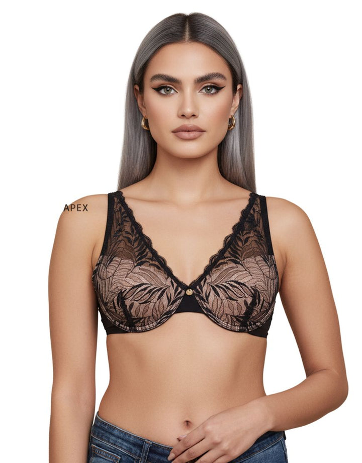 DEMI CUP HIGH APEX FEATHER LIGHT PADDED LACE CUP BRA-BLACK