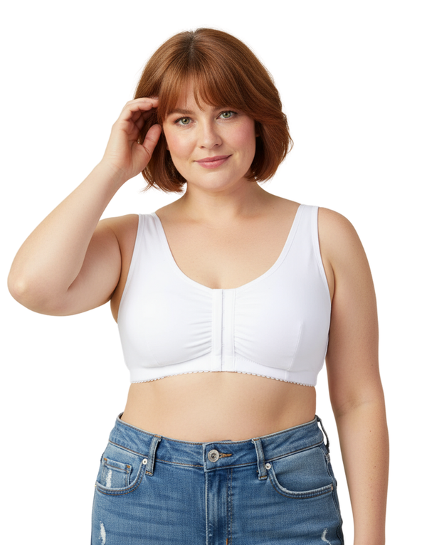 COTTON FRONT OPEN SLIP ON POST SURGICAL BRA WITH POCKETS-WHITE