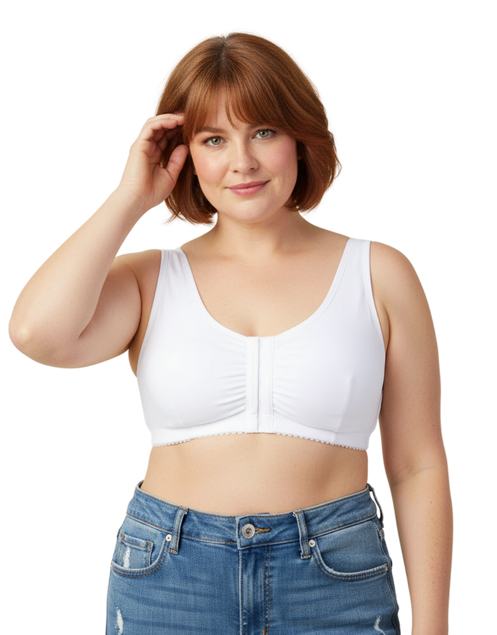 COTTON FRONT OPEN SLIP ON POST SURGICAL BRA WITH POCKETS-WHITE
