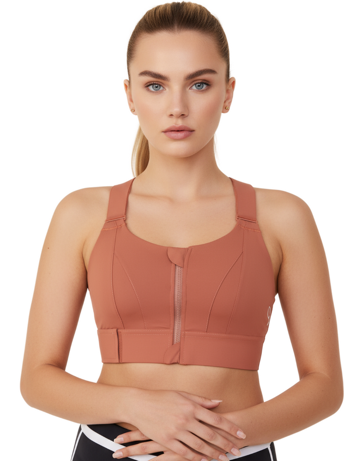 PREMIUM QUALITY FRONT CLOSURE PADDED HIGH IMPACT SPORTS BRA WITH ADJUSTABLE WAIST BAND-RUST