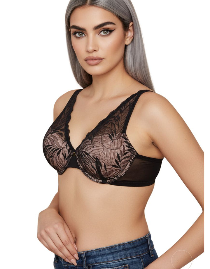 DEMI CUP HIGH APEX FEATHER LIGHT PADDED LACE CUP BRA-BLACK