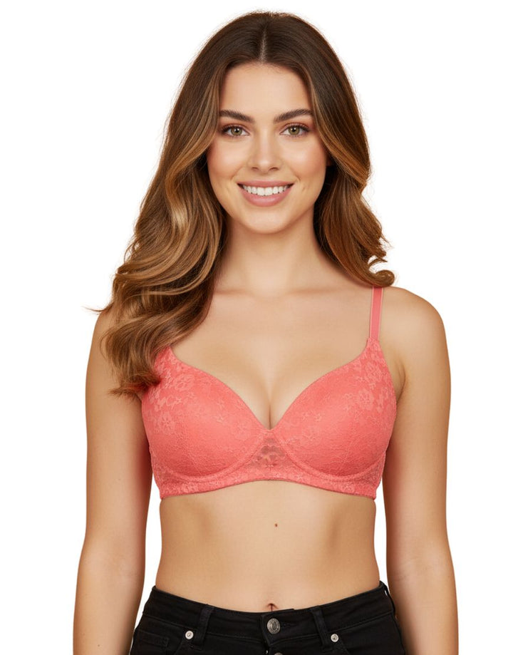 LIGHTLY PADDED WIRE-FREE 3/4TH COVERAGE ALL OVER LACE BRA- GEORGIA PEACH