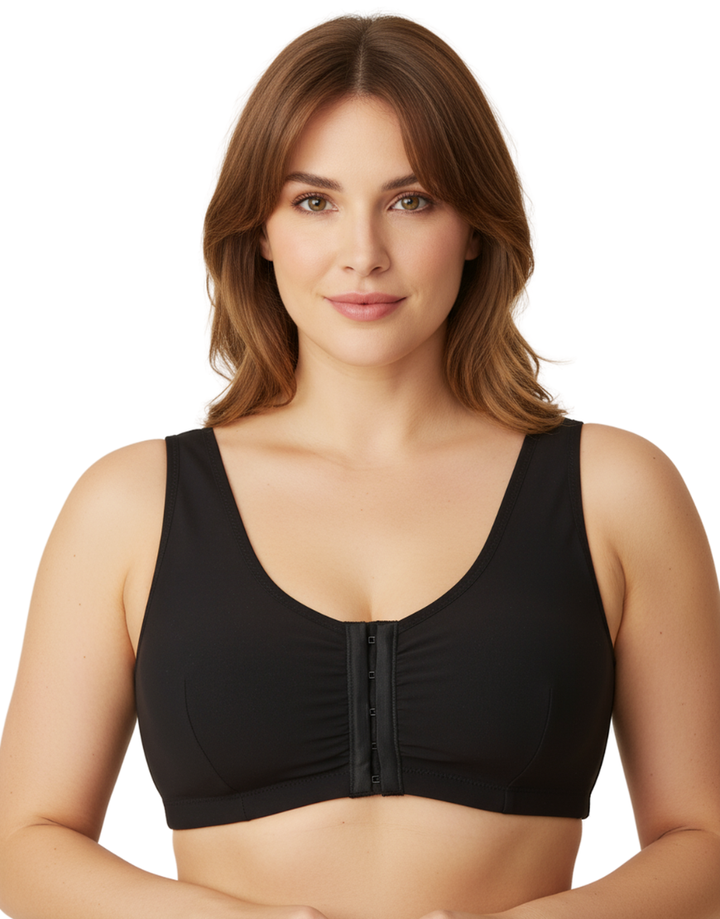 COTTON FRONT CLOSURE POST SURGICAL BRA WITH POCKETS-BLACK