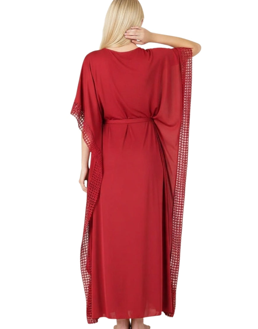 2 PIECE ROUND NECK SIDE LACE LONG NIGHTY -MAROON