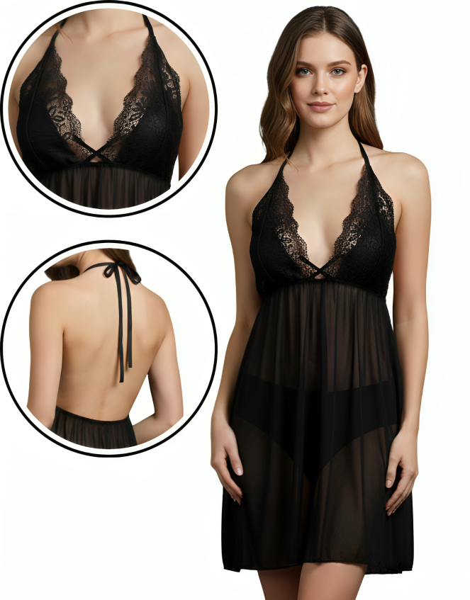 Losha 2piece Midnight Lace Halter Nightdress-Black