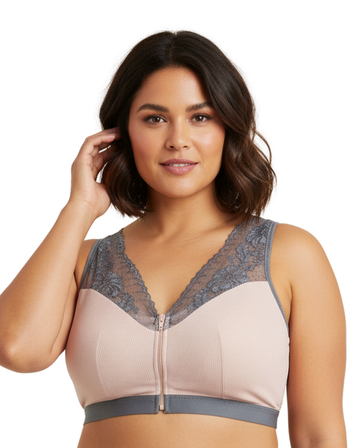RIBBED FABRIC FRONT ZIPPER POST SURGICAL BRA WITH POCKETS-PINK