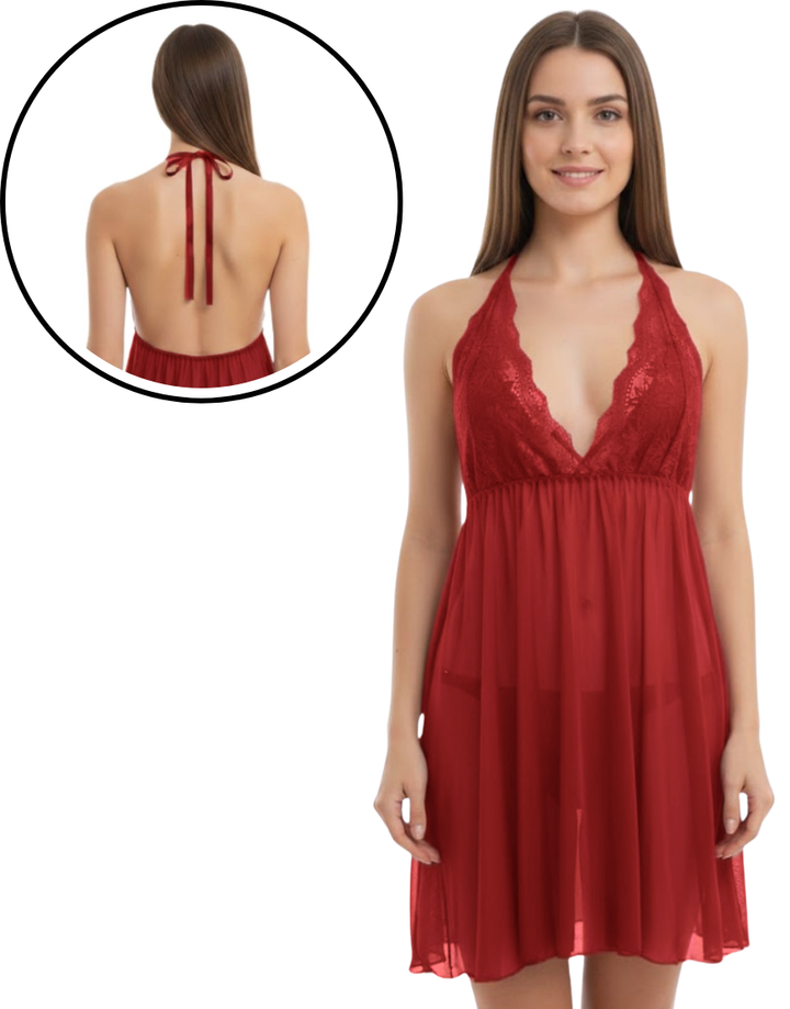 Losha 1 piece Midnight Lace Halter Nightdress-Maroon