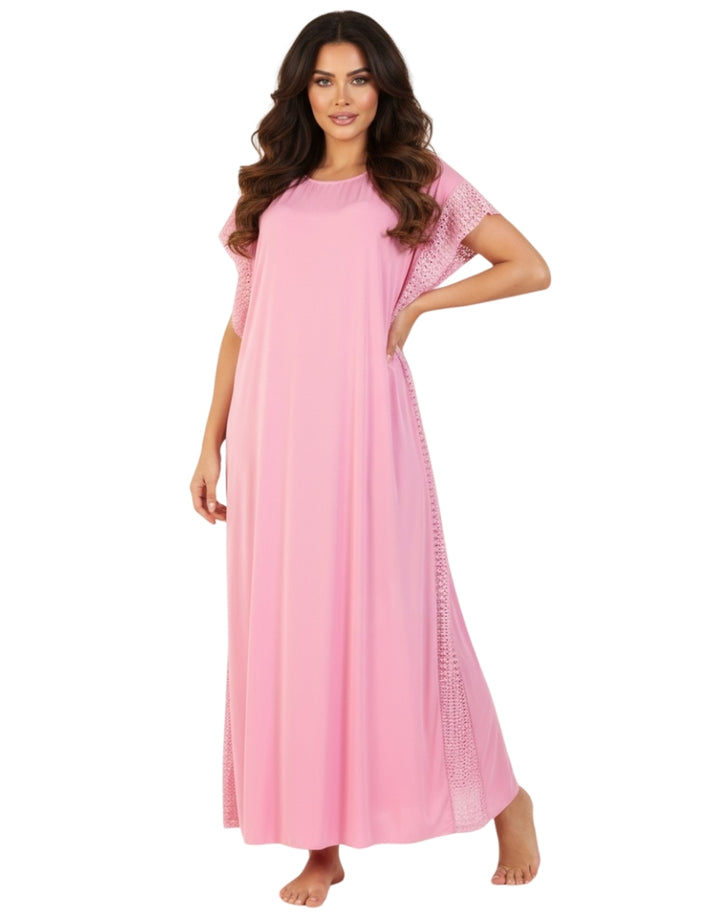 LOSHA 2 PIECE ROUND NECK SIDE LACE LONG NIGHTY -PINK