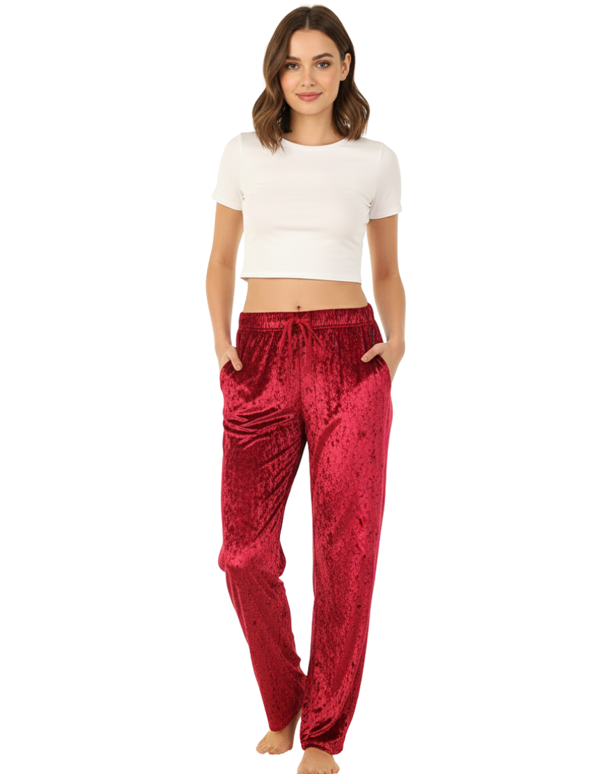 TAHARI CRUSHED VELVET WIDE LEG PAJAMA PANTS-BURGUNDY