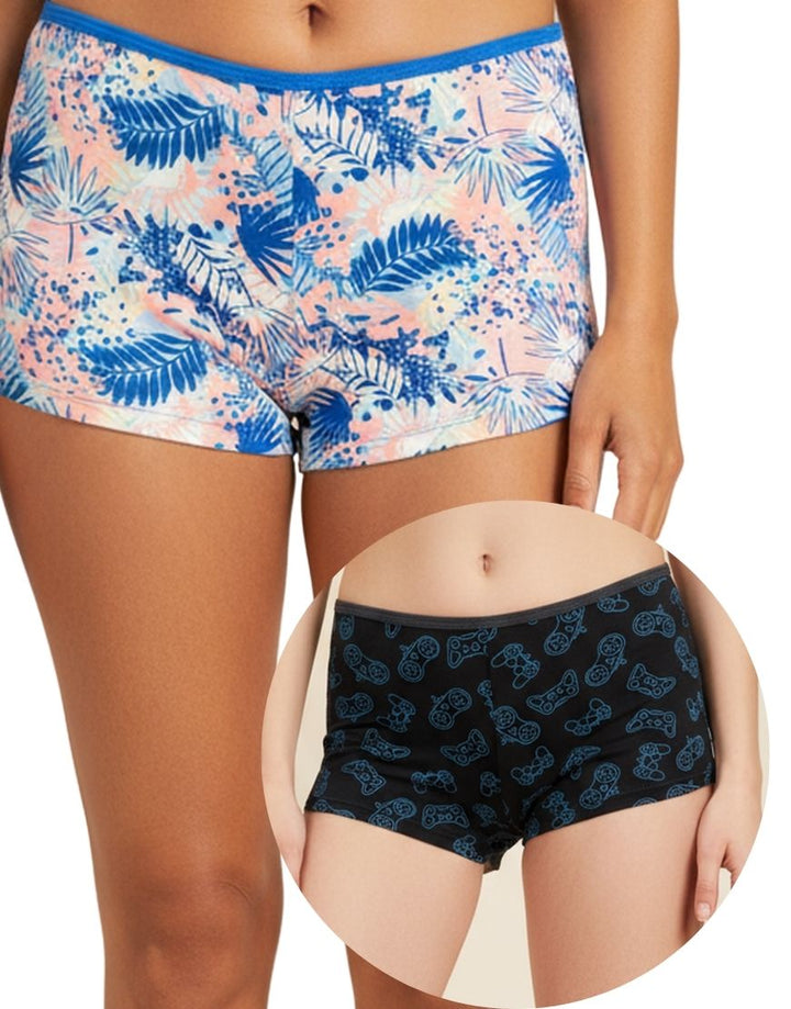 SUPER SOFT PACK OF 2 BOY SHORTS COTTON BRIEFS-GAME BLACK+LEAF PRINT
