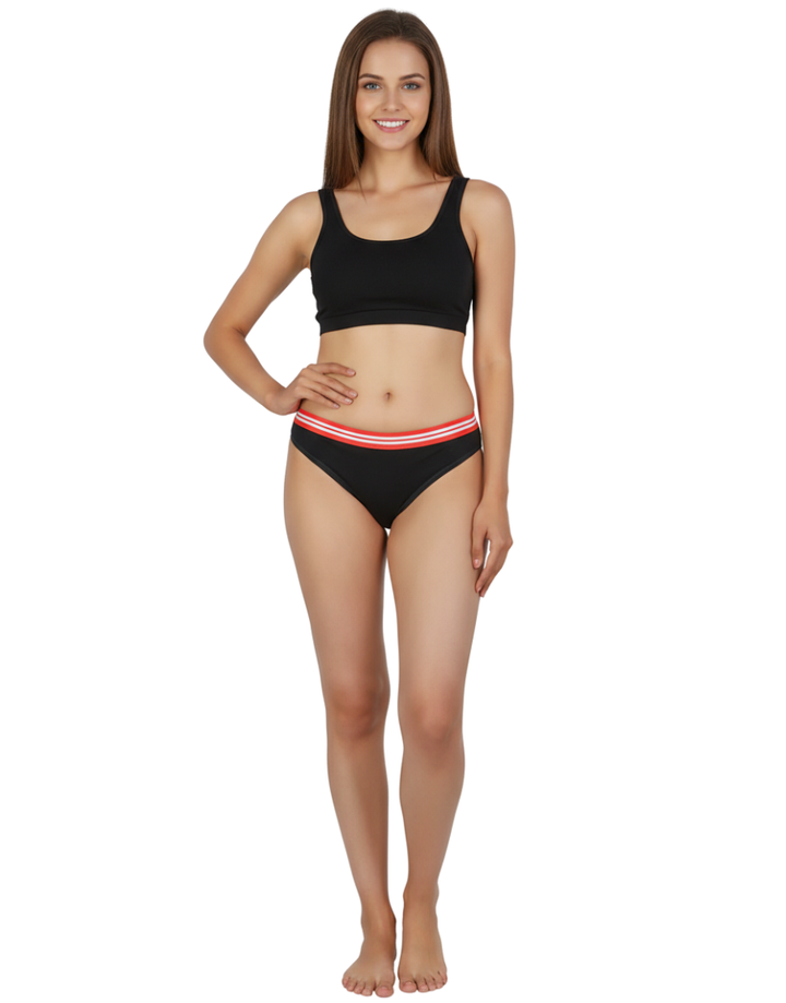 COTTON LOW WAIST BIKNI BREIF WITH STRIPED ELASTIC WAIST BAND-BLACK