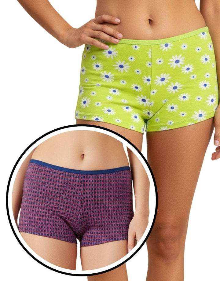 SUPER SOFT PACK OF 2 BOY SHORTS COTTON BRIEFS-DAISY PRINT+GEOMETRIC
