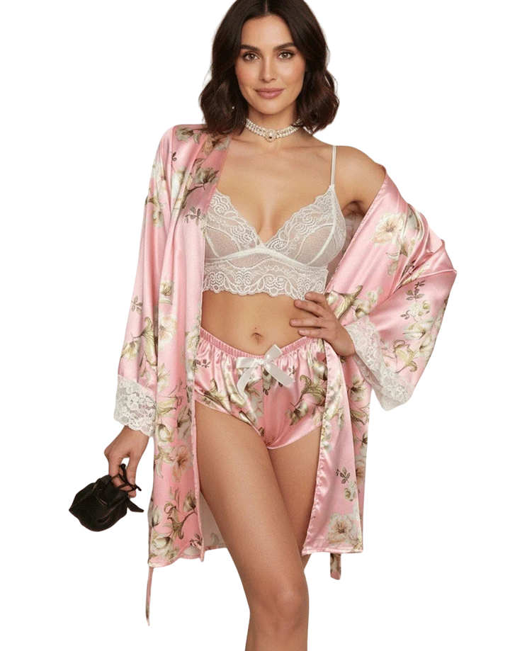 Losha Deep Love Silk 3 Piece Nighty-Pink