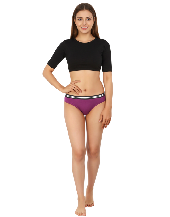 COTTON LOW WAIST BIKNI BREIF WITH STRIPED ELASTIC WAIST BAND-PURPLE