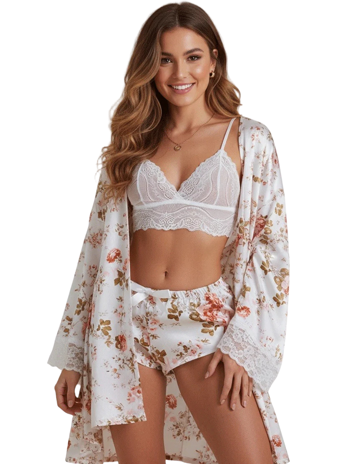 Losha Deep Love Silk 3 Piece Nighty-Flower Print