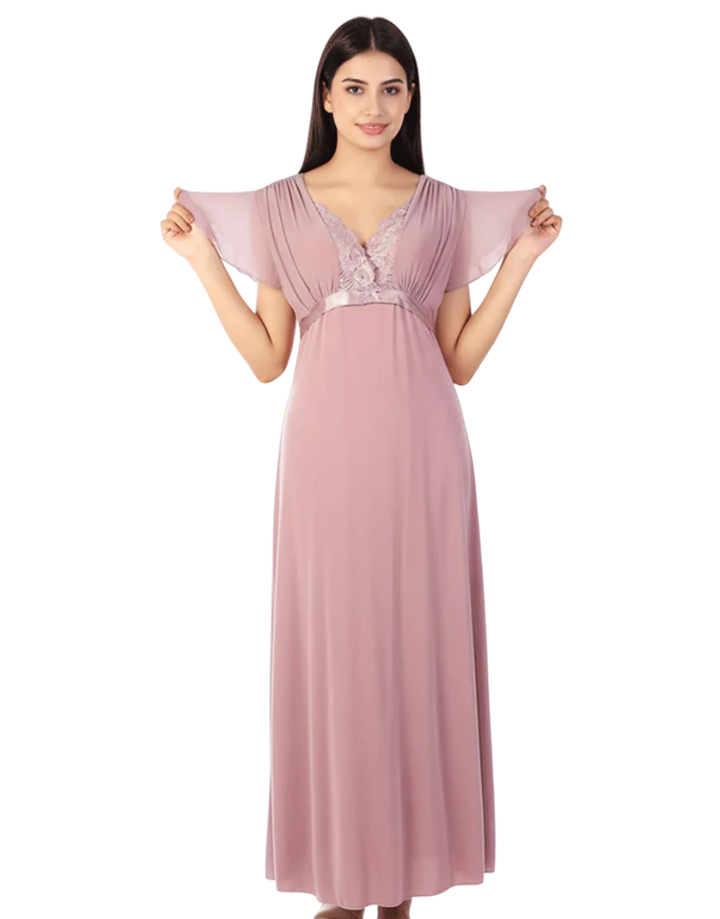 LOSHA 2 PIECE LACY NECK LONG NIGHTY -BEIGE