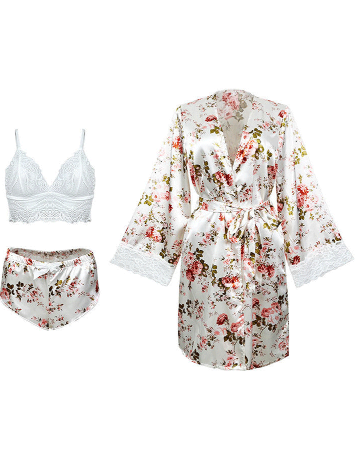 Losha Deep Love Silk 3 Piece Nighty-Flower Print