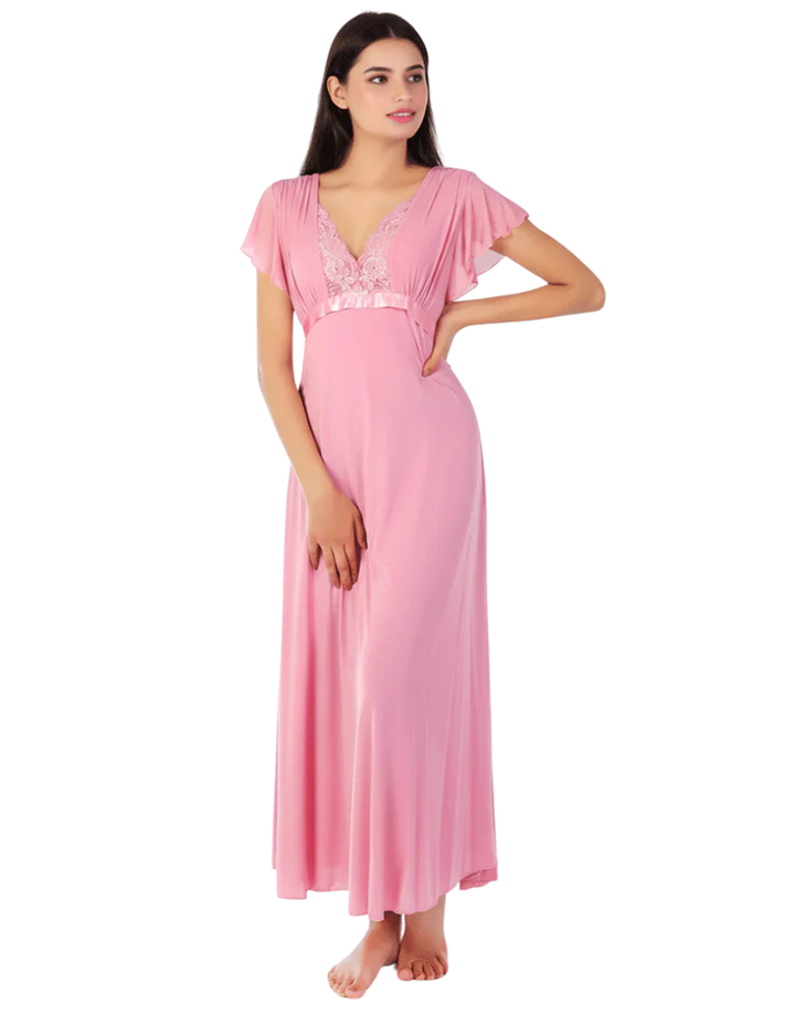 2 PIECE LACY NECK LONG NIGHTY -BABY PINK