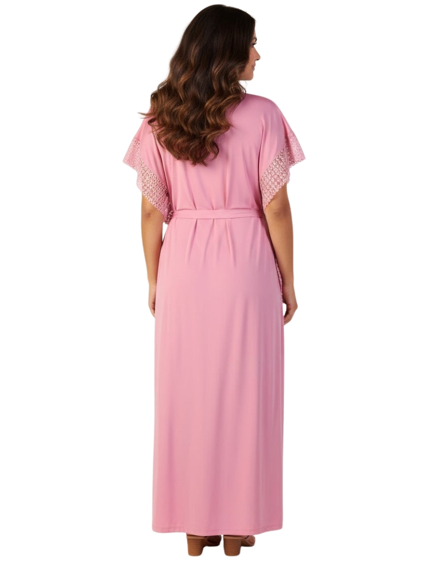 LOSHA 2 PIECE ROUND NECK SIDE LACE LONG NIGHTY -PINK