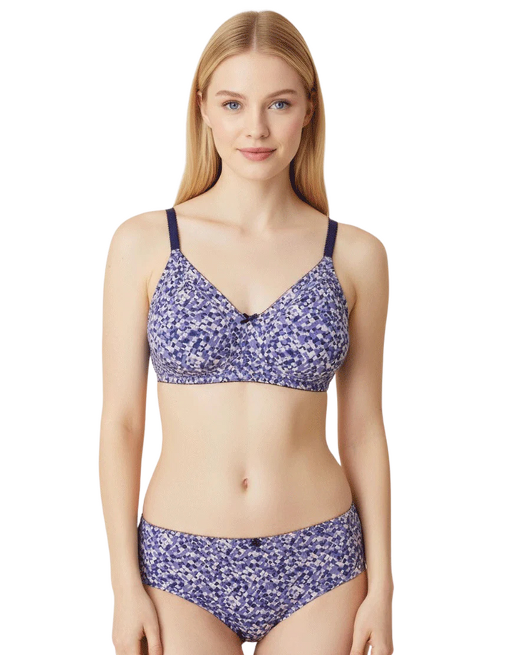 DOUBLE LAYERED FULL COVERAGE COTTON WIREFREE BRA WITH MATCHING PANTY-PURPLE PRINT