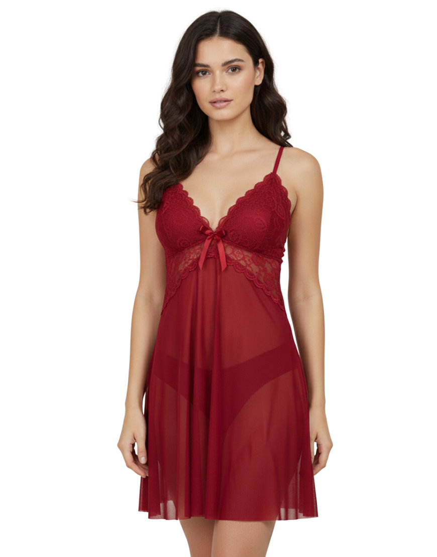 Losha 1 piece Romantic Lace Mesh Nighty-MAROON