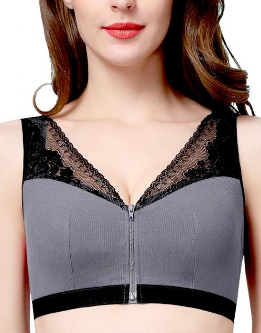 RIBBED FABRIC FRONT ZIPPER POST SURGICAL BRA WITH POCKETS-GREY