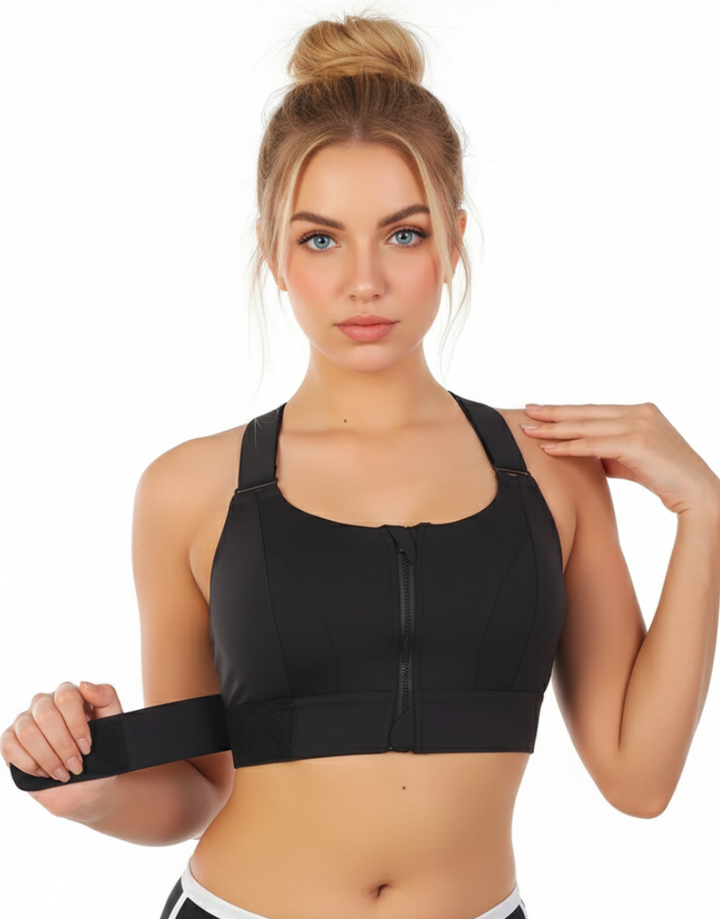 PREMIUM QUALITY FRONT CLOSURE PADDED HIGH IMPACT SPORTS BRA WITH ADJUSTABLE WAIST BAND-BLACK