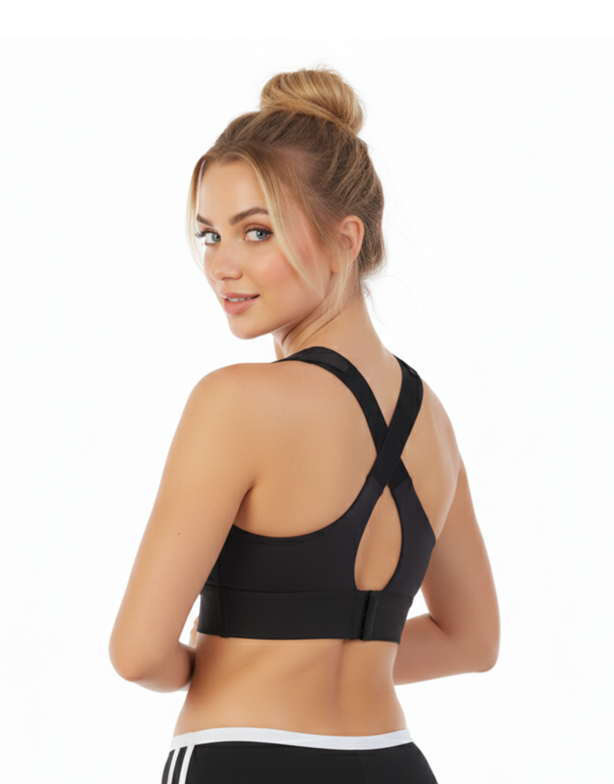 PREMIUM QUALITY FRONT CLOSURE PADDED HIGH IMPACT SPORTS BRA WITH ADJUSTABLE WAIST BAND-BLACK