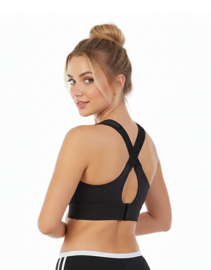 PREMIUM QUALITY FRONT CLOSURE PADDED HIGH IMPACT SPORTS BRA WITH ADJUSTABLE WAIST BAND-BLACK