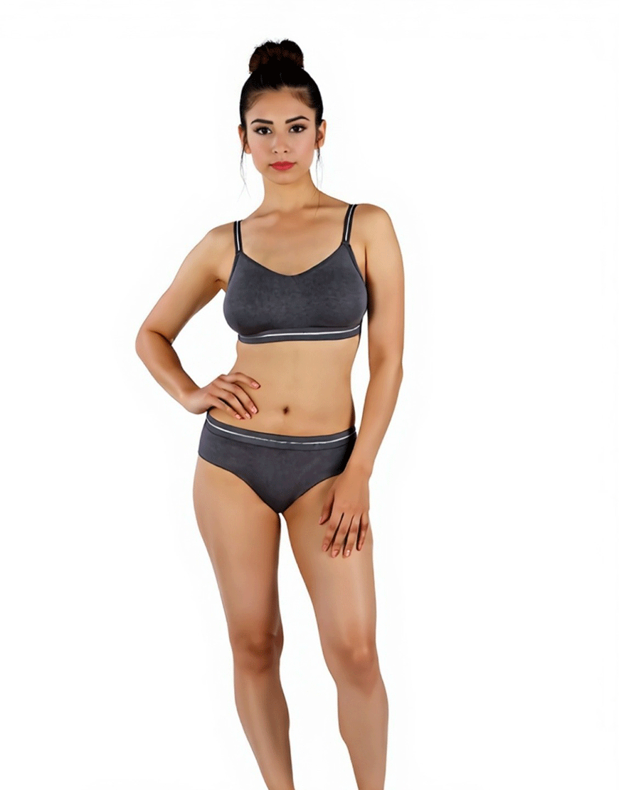 DOUBLE LAYERED COTTON WIREFREE BRA WITH MATCHING PANTY -GREY