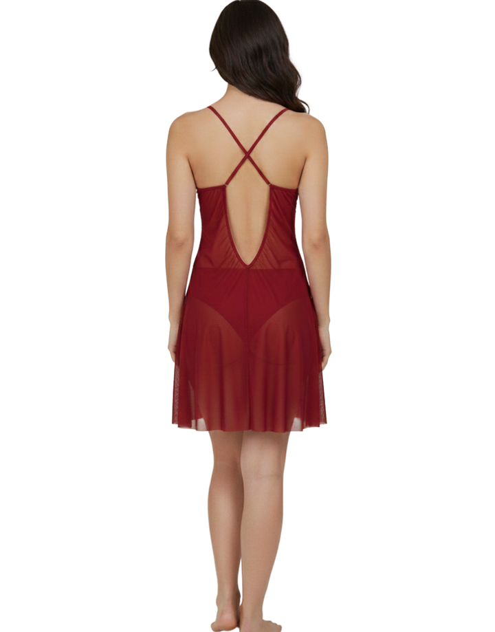 Losha 1 piece Romantic Lace Mesh Nighty-MAROON