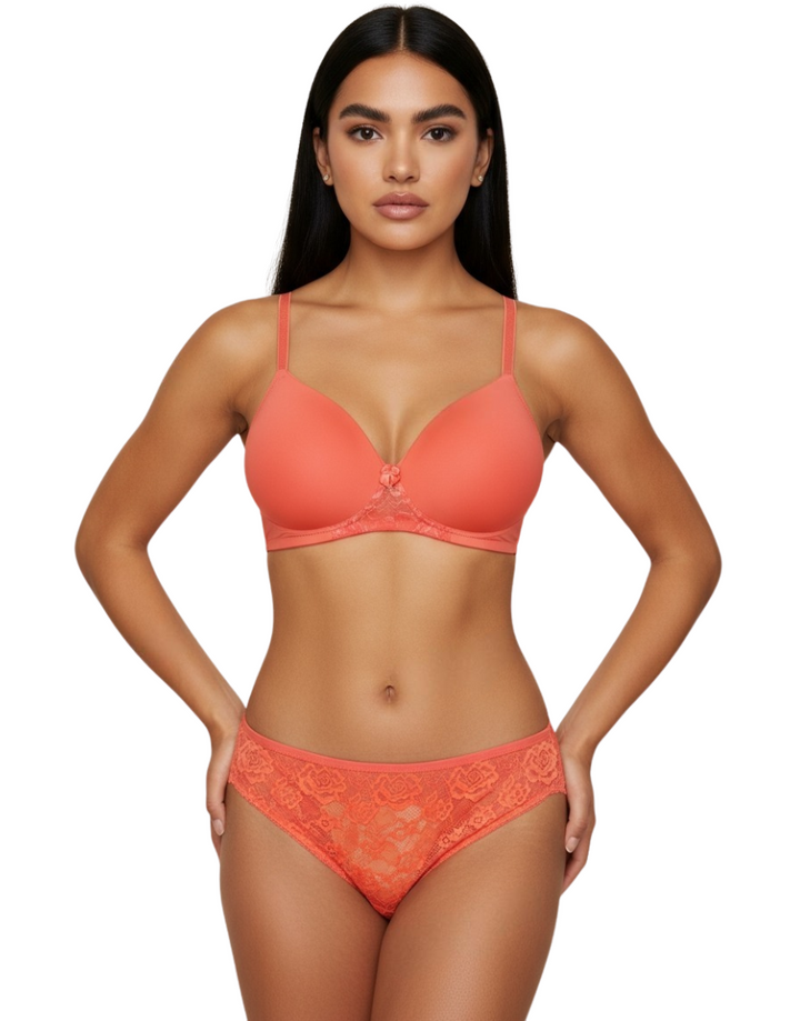 Butterfly back Bra With Lacy Panty SET -BURN SIENNA ORANGE