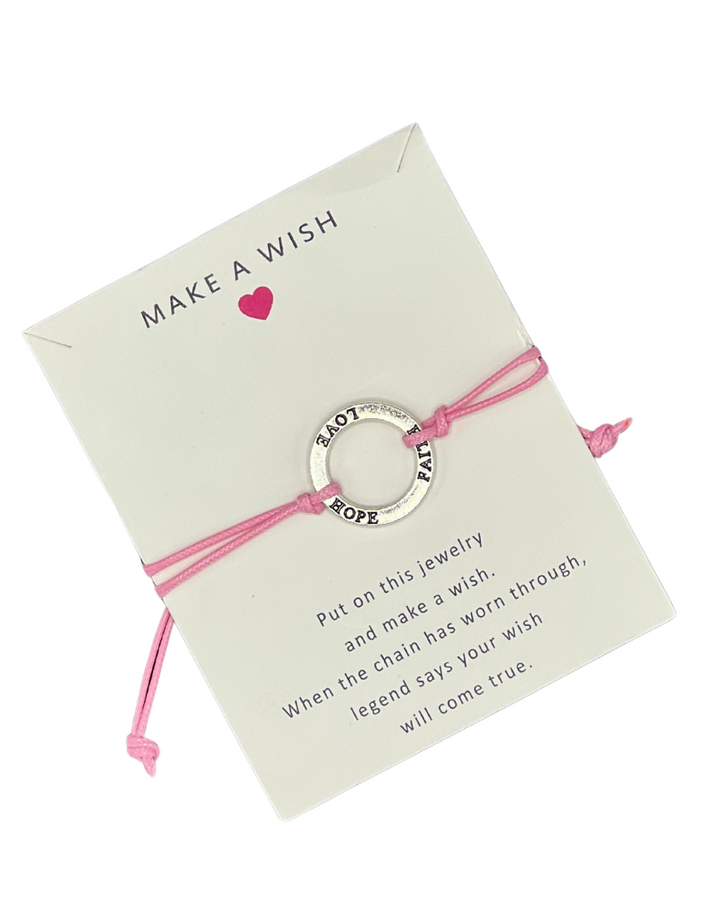 HOPE,FAITH,LOVE RING SHAPED CHARM BRACLETE WITH SLIDER KNOT ON BABY PINK STRING