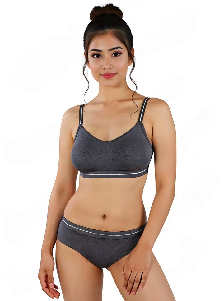 DOUBLE LAYERED COTTON WIREFREE BRA WITH MATCHING PANTY -GREY