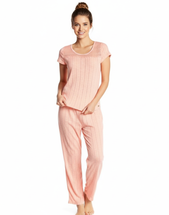 TAHARI POINTELLE KNIT CAPRI PAJAMA 2-PIECE SET (PEACH)