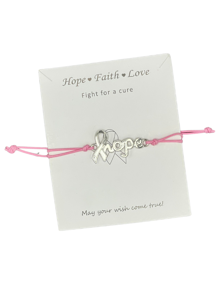 SILVER HOPE CHARM BRACELET WITH SLIDER KNOT ON BABY PINK STRING