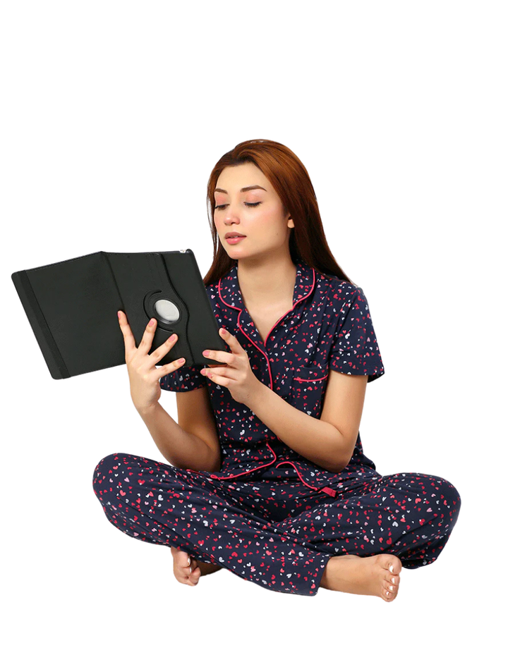 SIESTA COTTON BUTTON DOWN SHIRT & PJ SET- NAVY HEARTS