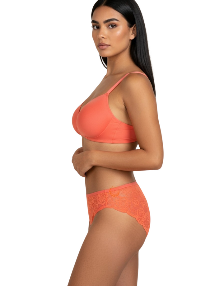 Butterfly back Bra With Lacy Panty SET -BURN SIENNA ORANGE