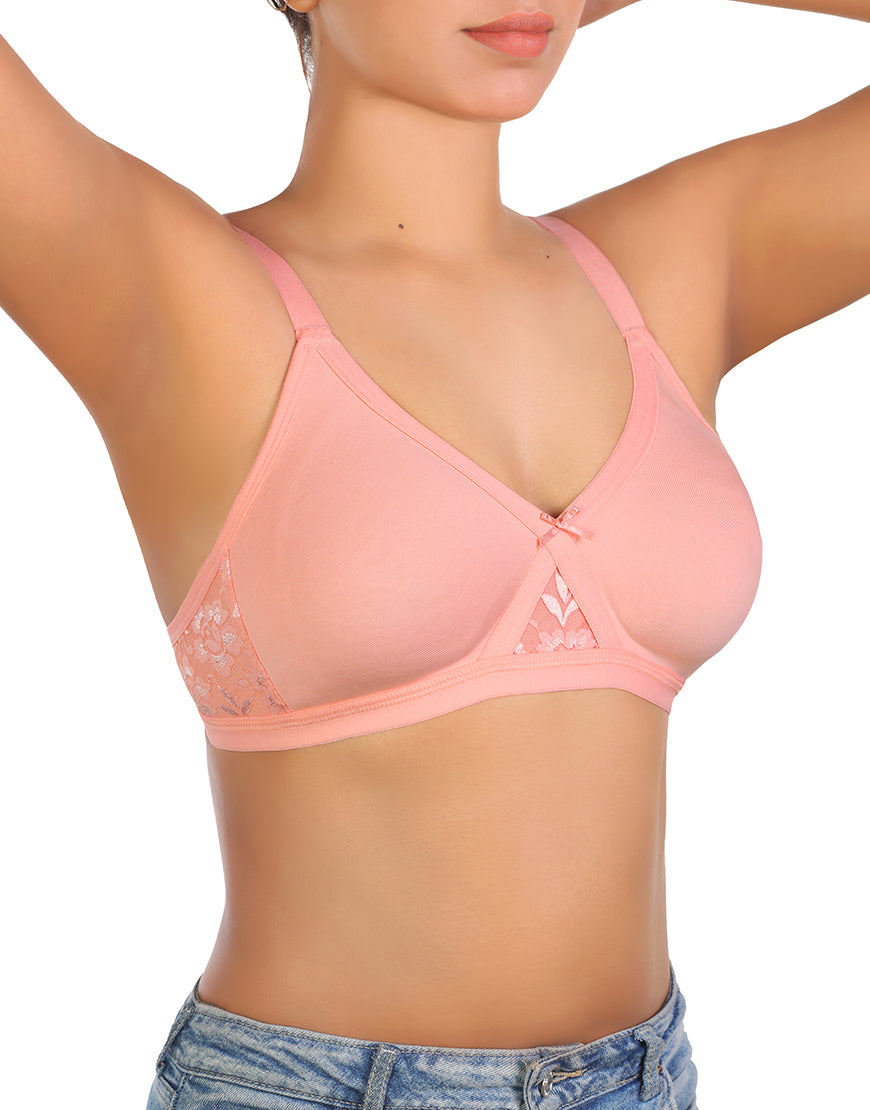 Losha Wirefree Super Support Cotton bra With Touch Of Lace -PINK