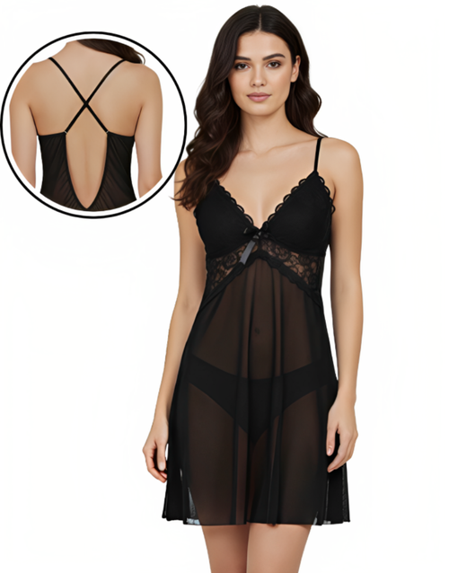 Losha 2 piece Romantic Lace Mesh Nighty-Black