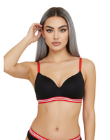 LIGHTLY PADDED NON WIRED TSHIRT BRA WITH STRIPED ELASTIC WAIST BAND-BLACK