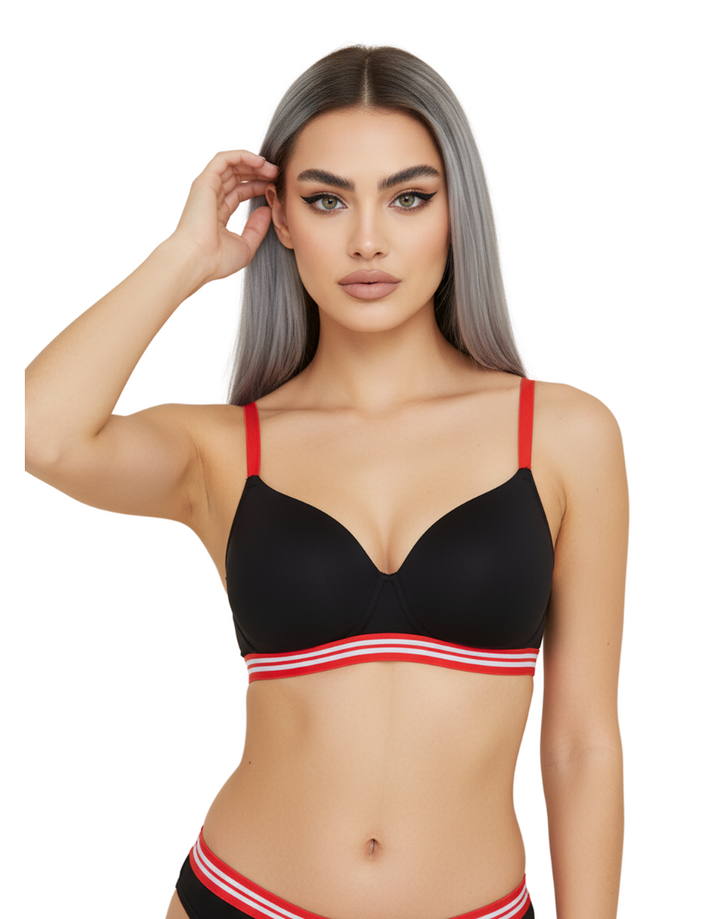 LIGHTLY PADDED NON WIRED TSHIRT BRA WITH STRIPED ELASTIC WAIST BAND-BLACK