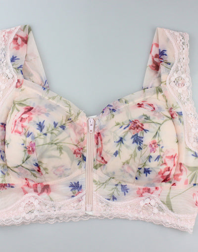 FLORAL PRINT FRONT ZIPPER POST SURGICAL BRA WITH POCKETS-Baby Pink